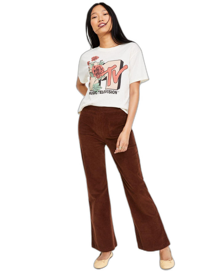 Juniors' Lace-Trimmed V-Neck Ribbed Top & Stretch Corduroy Flared-Leg Pants