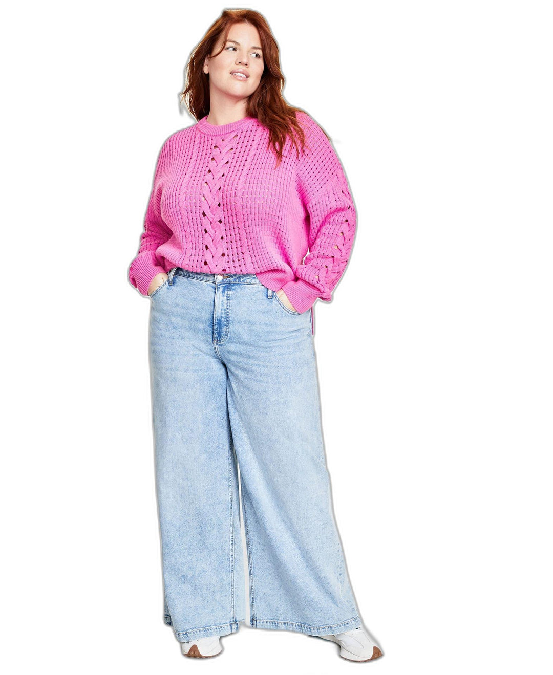 Plus Size Crewneck Spring Cotton-Blend Cable-Knit Sweater