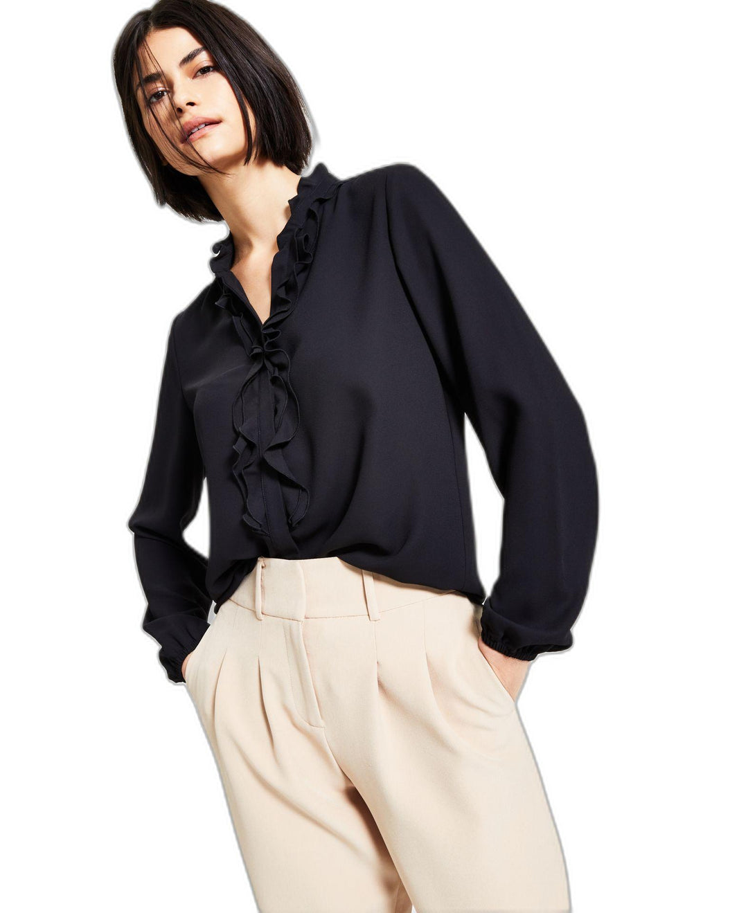 Bar III Womens Long Sleeve Ruffled Blouse