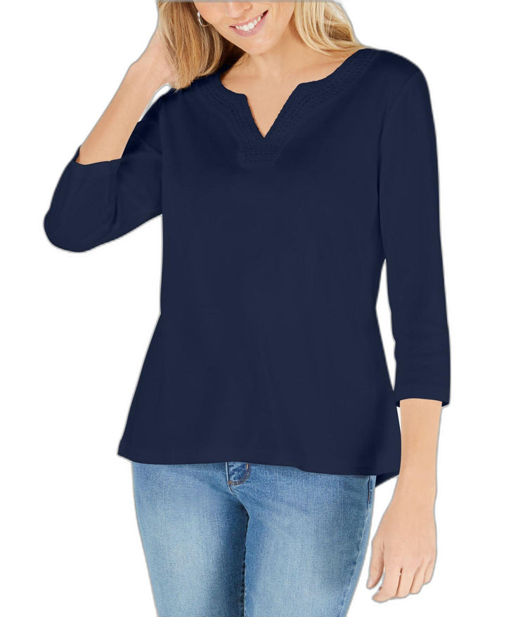 Karen Scott Cotton Crochet Trim Split Neck Top