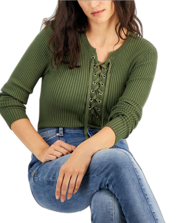 INC International Concepts Womens Lace Up Ribbed Sweater