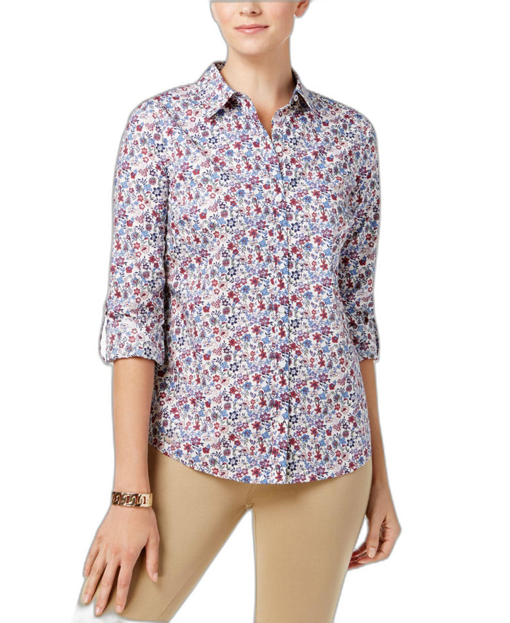 Charter Club Roll Tab Print Shirt