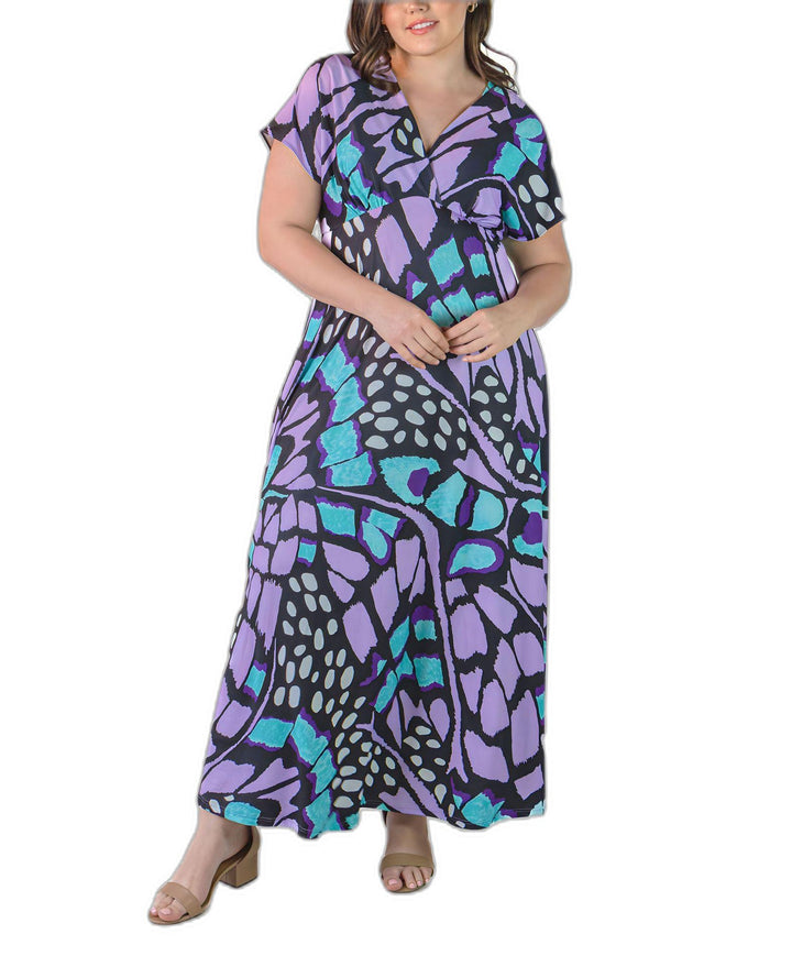 24seven Comfort Apparel Plus Size Empire Waist V Neck Maxi Dress