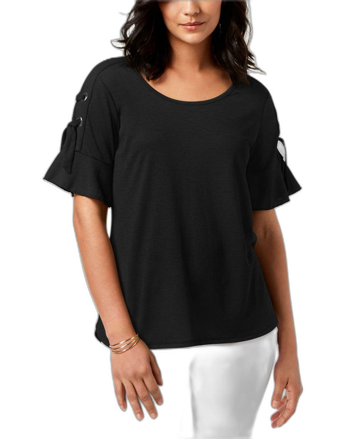 JM Collection Lace Up Ruffle Sleeve Top