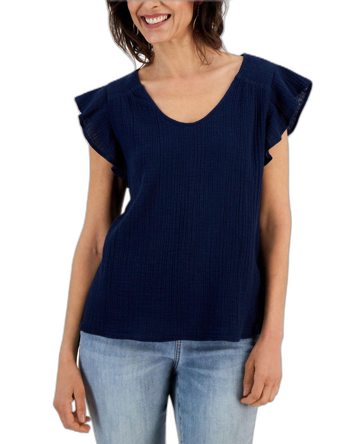 Petite Cotton Gauze Flutter-Sleeve Top