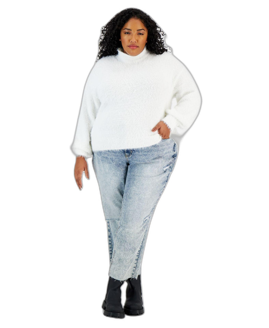 Trendy Plus Size Funnel-Neck Eyelash Sweater