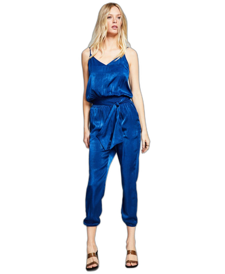 Women's Sleeveless Belted Satin Jumpsuit