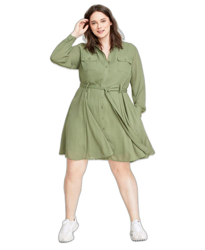 Plus Size Long-Sleeve Belted Shirtdress