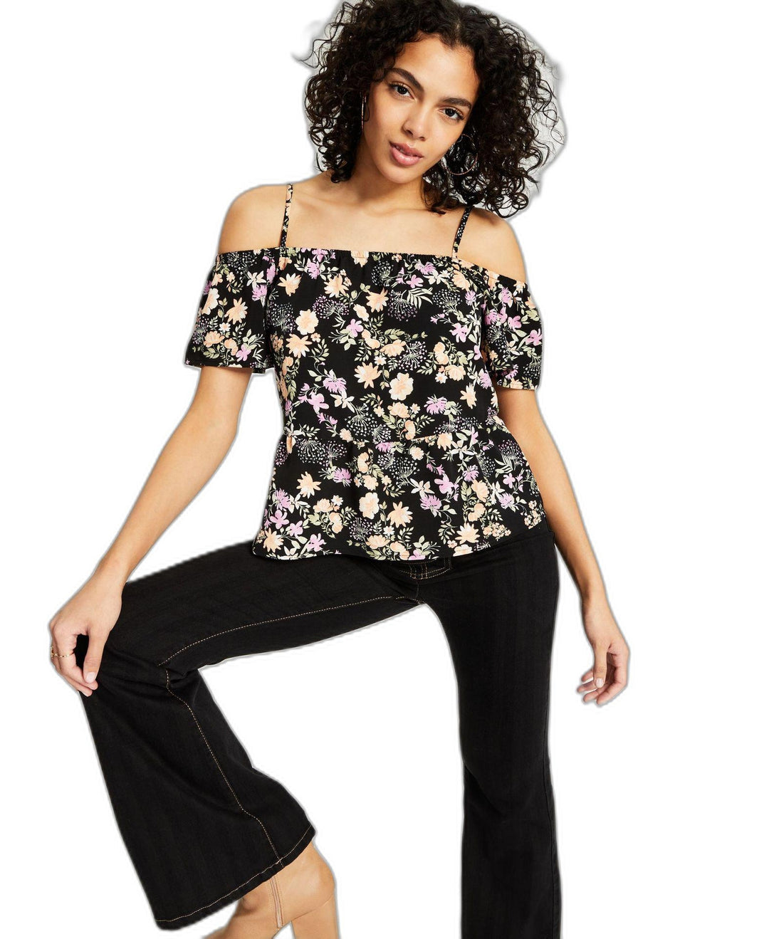 Juniors' Elasticized Short-Sleeve Cold-Shoulder Top