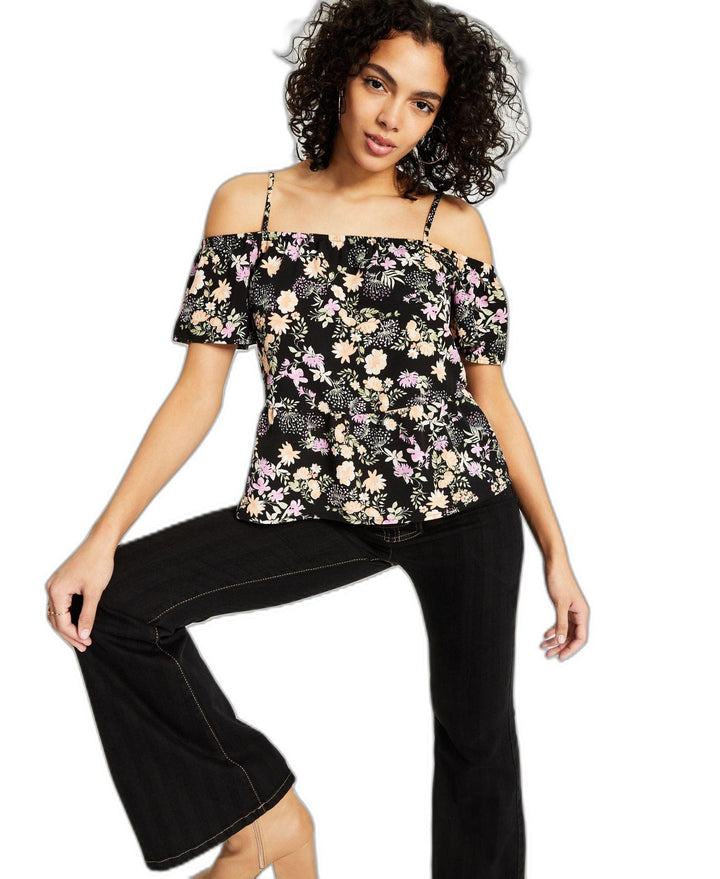 Juniors' Elasticized Short-Sleeve Cold-Shoulder Top