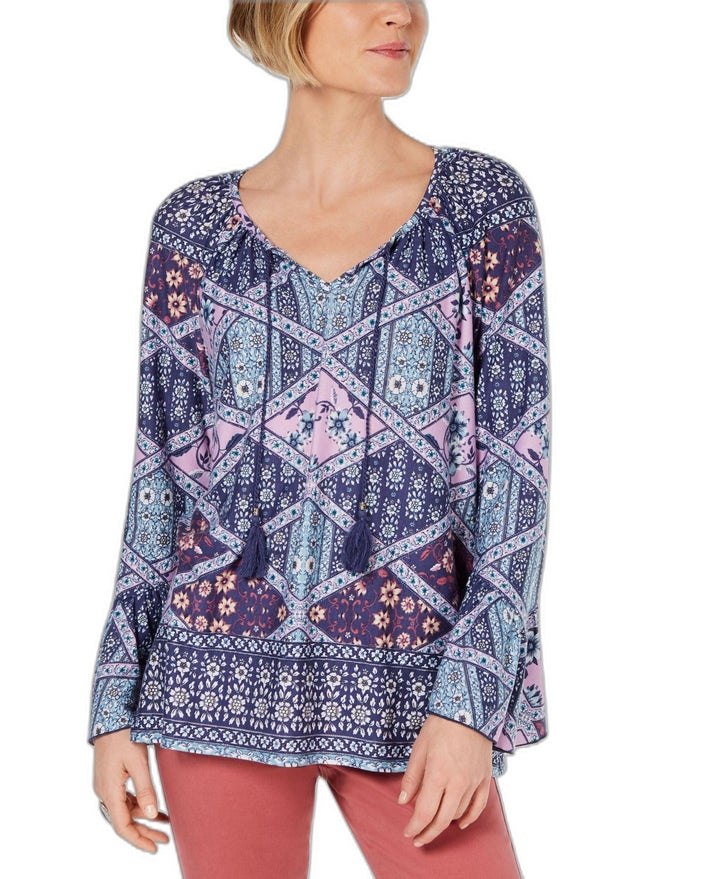 Printed Tassel-Tie Ruffle-Cuff Top