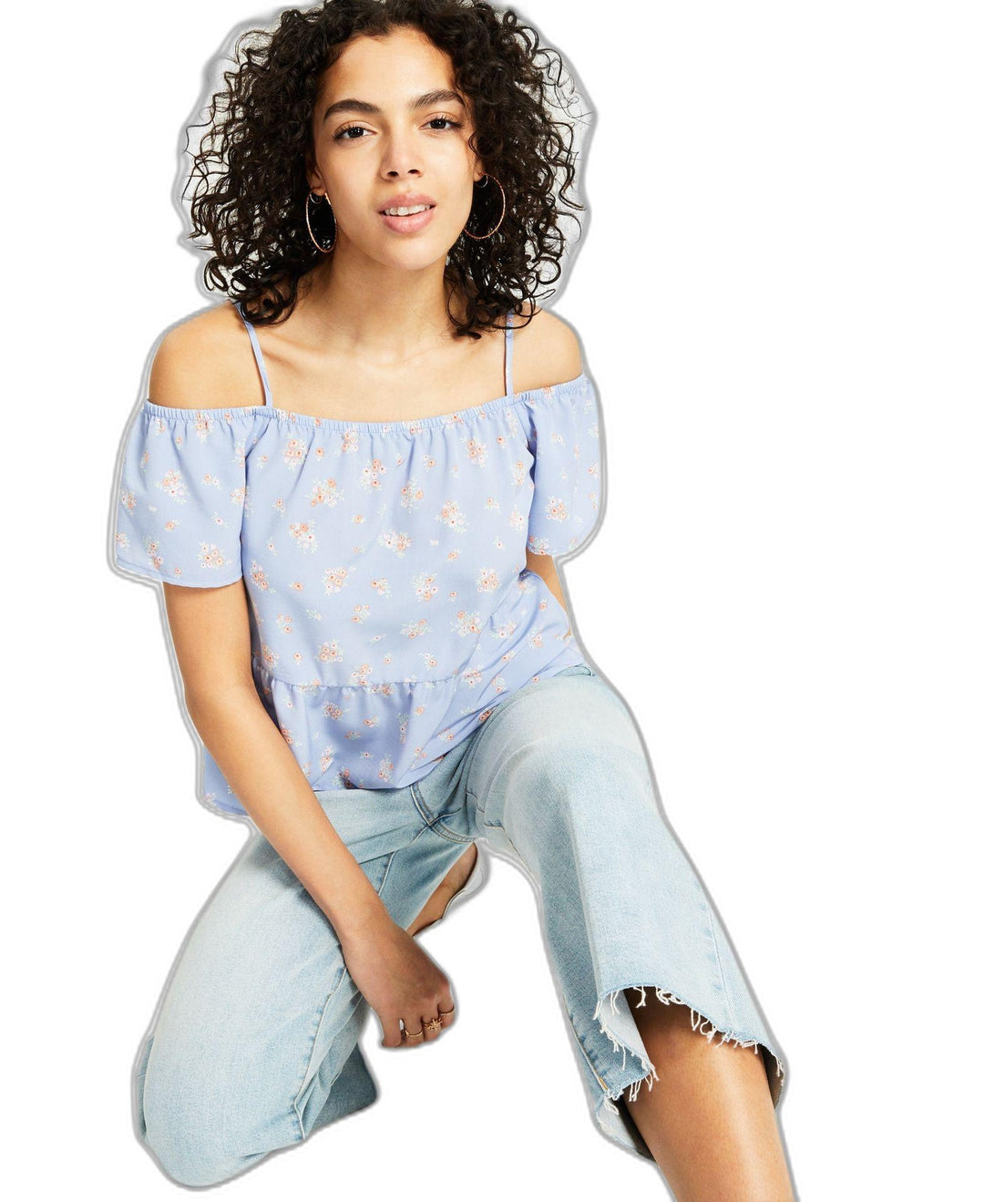Juniors' Elasticized Short-Sleeve Cold-Shoulder Top