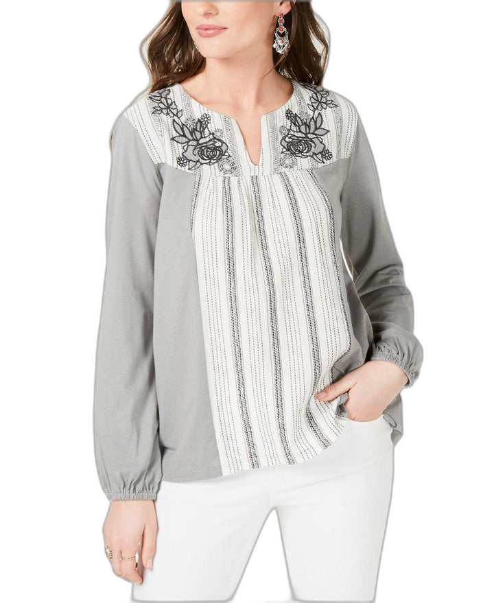 Style & Co Striped Embroidered Split Neck Top