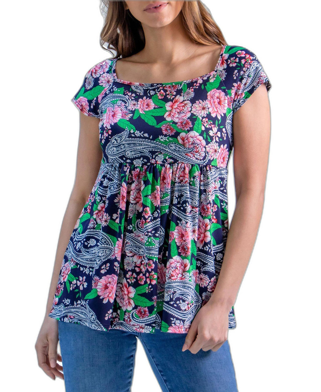 Womens Floral Print Cap Sleeve Babydoll Top
