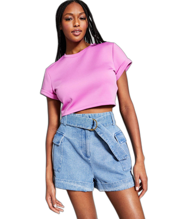 INC International Concepts Jeannie Mai X Inc Cropped Solid Short Sleeve Top