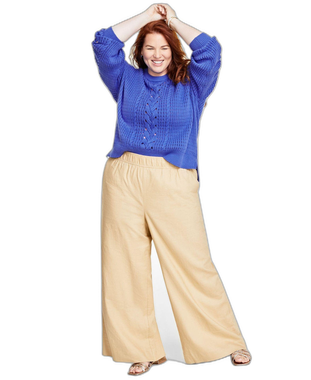 Plus Size Crewneck Spring Cotton-Blend Cable-Knit Sweater