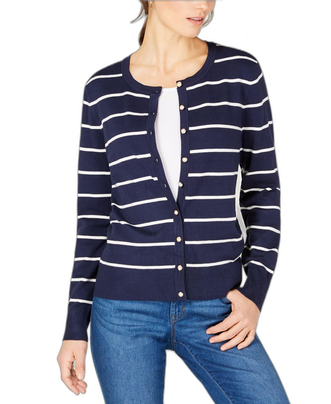Charter Club Faux Pearl Button Striped Cardigan