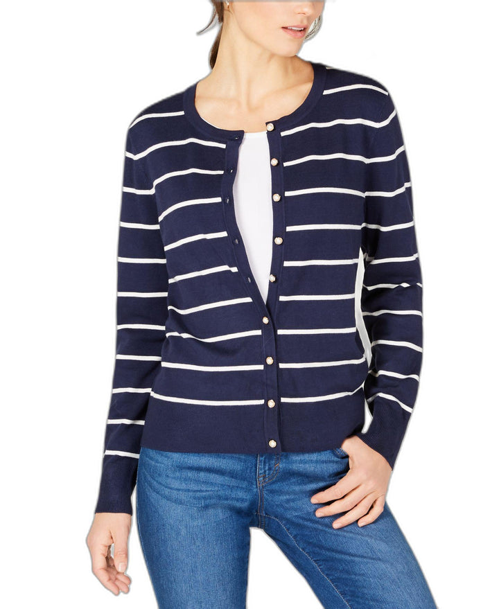 Charter Club Faux Pearl Button Striped Cardigan