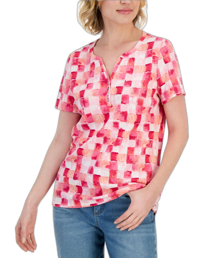 Women's Brushy Tile Short Sleeve Henley Top Steel Rose L