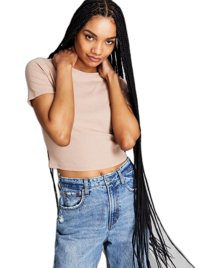 Women's Ribbed Knit Cropped Crewneck T-Shirt