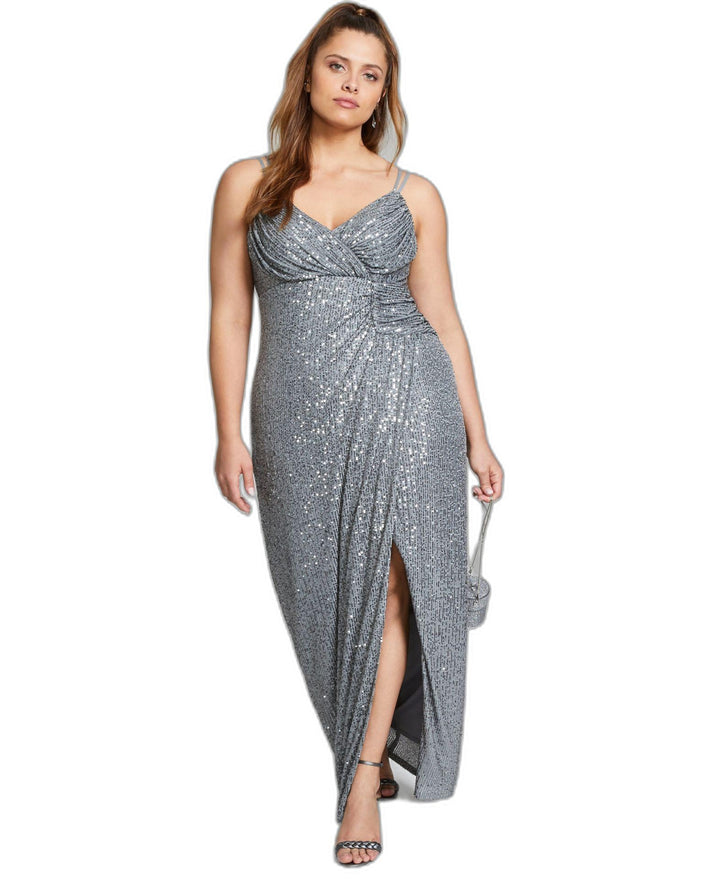 Trendy City Studios Juniors Plus Size Ruched Metallic Gown.