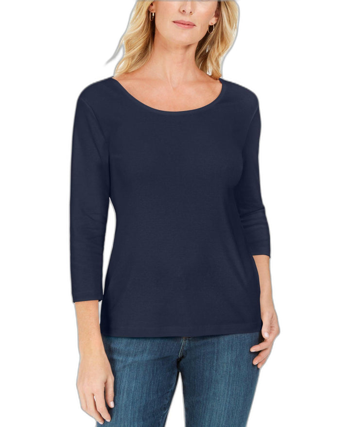 Petite 3/4 Sleeve Cotton Scoop-Neck Top