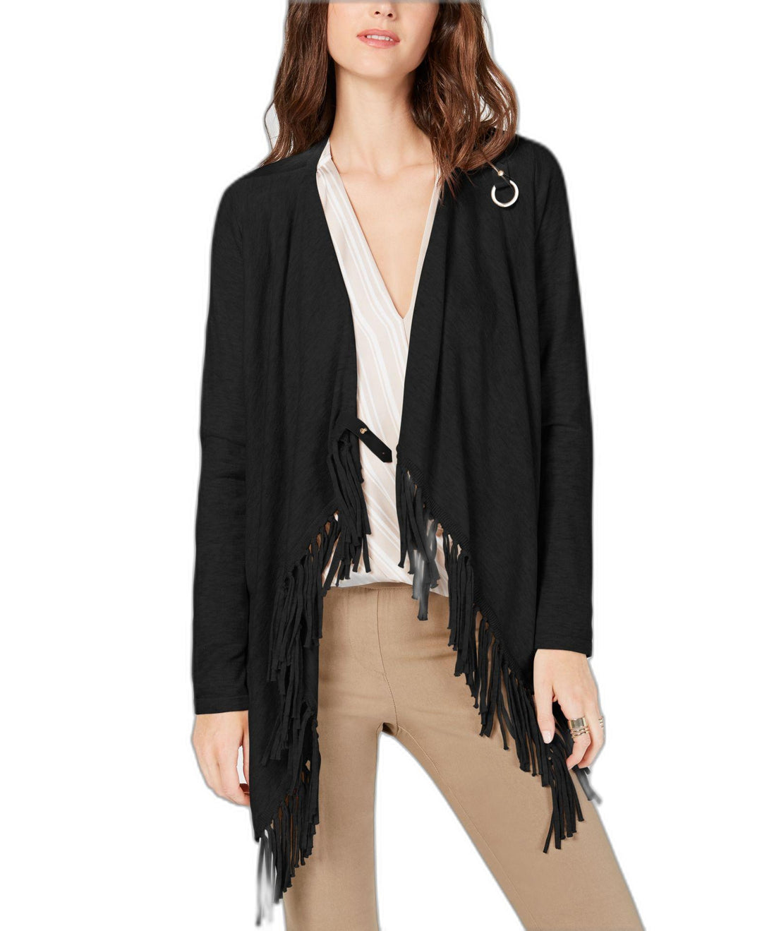 Fringe Trim Draped Cardigan