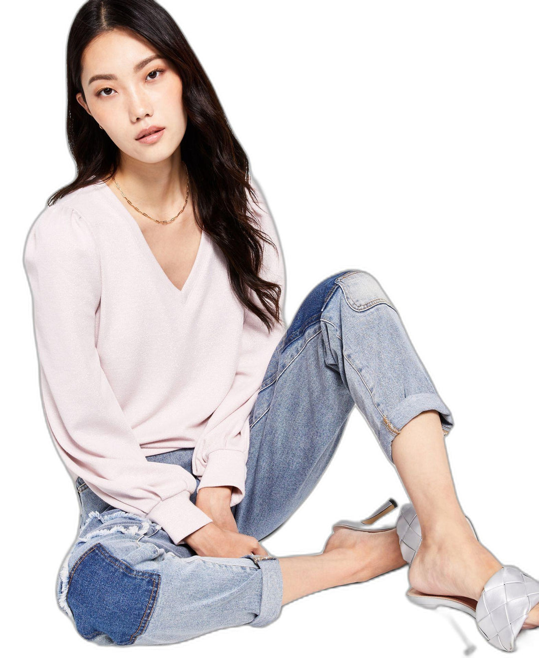 INC International Concepts Shimmering V Neck Blouson Sleeve Sweater