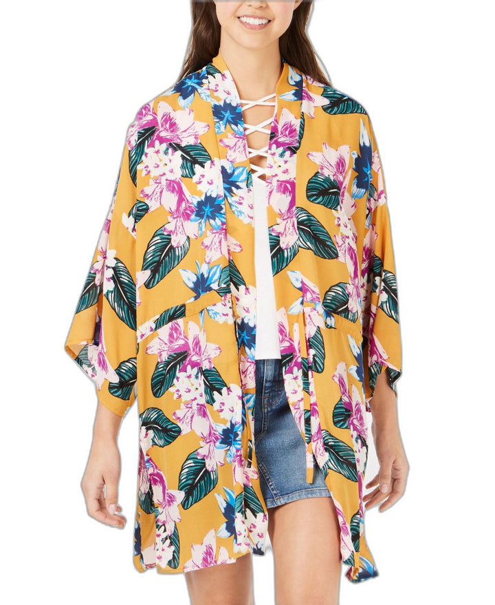 Juniors' Floral-Printed Tie-Front Kimono