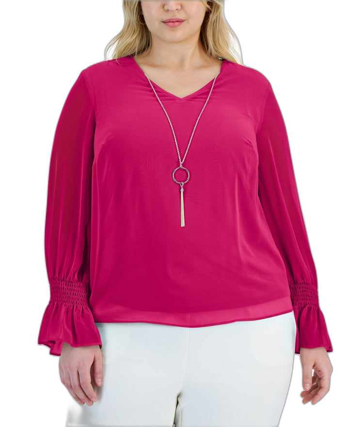 Plus Size Smocked-Sleeve Necklace Top Pink Fireball 3X