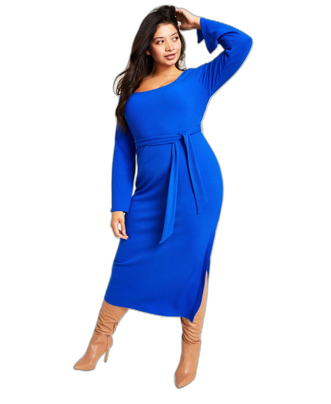 Women's Long-Sleeve Square-Neck Tie Rib Midi Dress