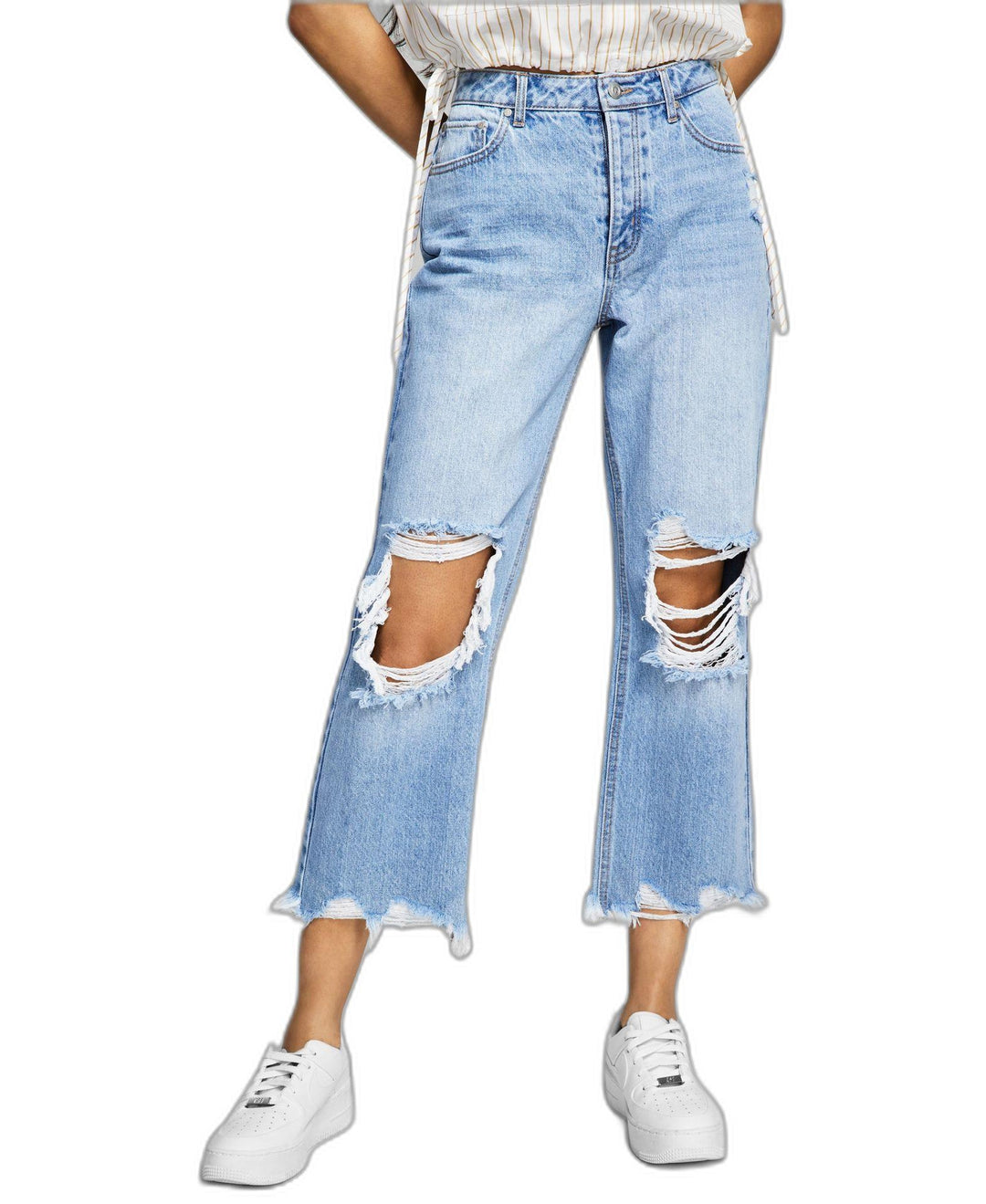 Now This Womens Cotton Ripped Cropped Wide Leg Jeans