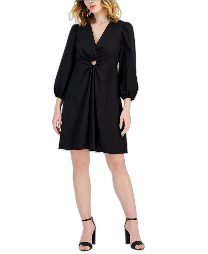 Women's V-Neck Puff-Sleeve Mini Dress Deep Black XL