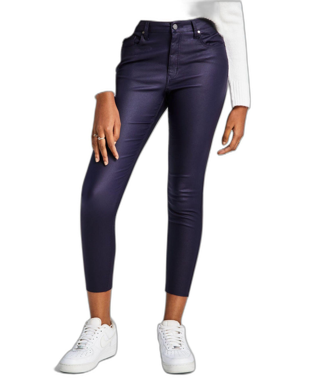 Woman's Coated Frayed Hem Skinny Denim Jeans