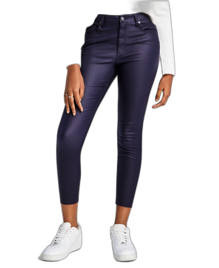 Woman's Coated Frayed Hem Skinny Denim Jeans