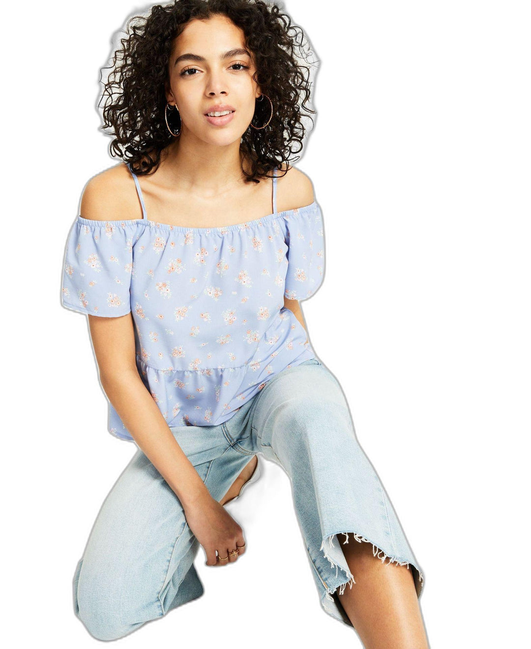 Juniors' Elasticized Short-Sleeve Cold-Shoulder Top