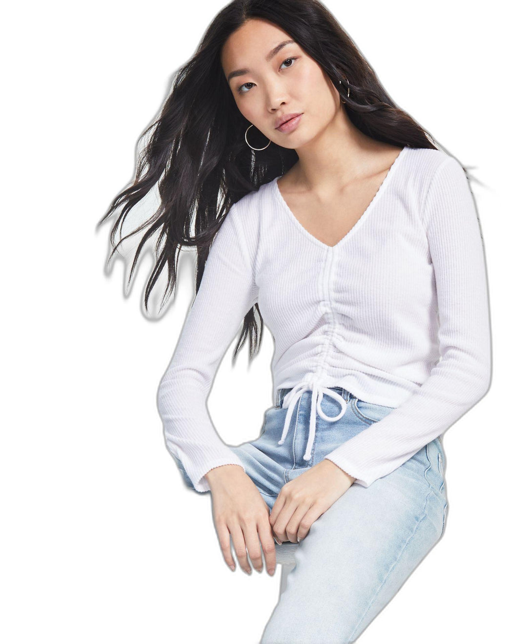 Juniors' Shirred-Front Long-Sleeve Top