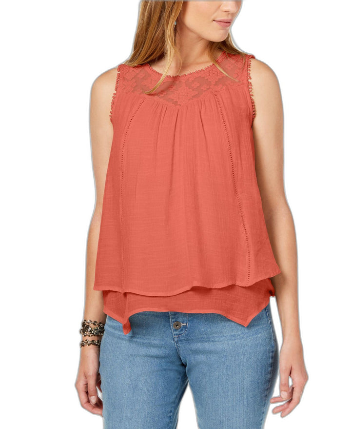 Petite Layered-Hem Lace-Trim Top