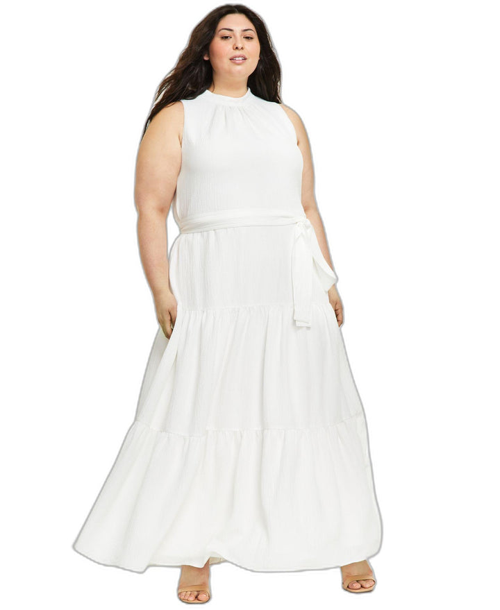 Plus Size Belted Textured Tiered-Skirt Dress