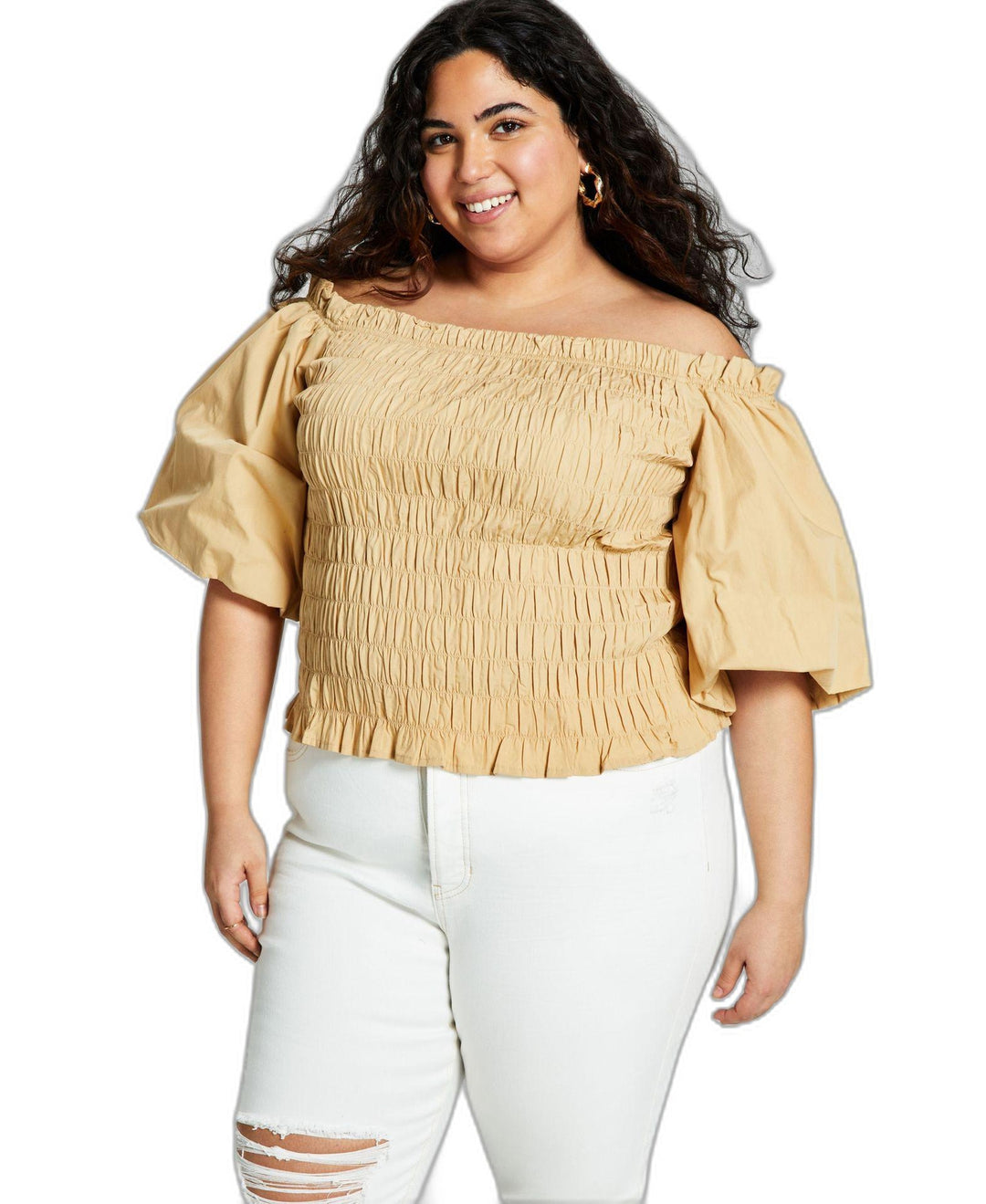 Now This Trendy Plus Size Smocked Poplin Shirt