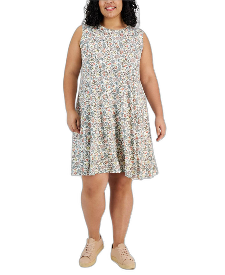 Plus Size Sleeveless Printed Flip Flop Dress Floral White 3X