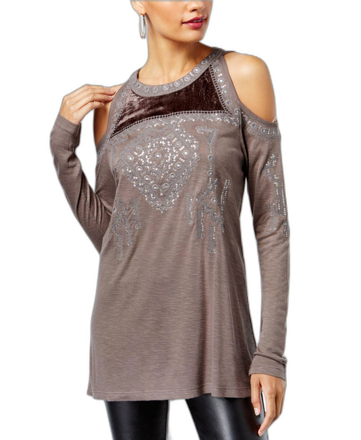 Petite Velvet Trim Cold Shoulder Top