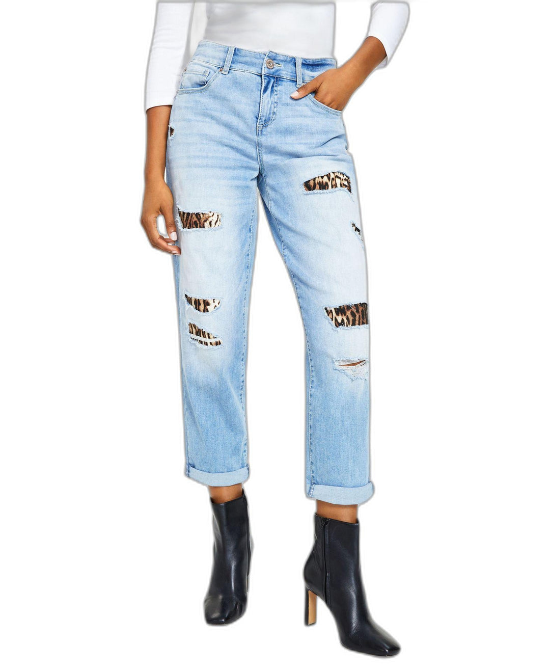 Women's High Rise Ripped Leopard Boyfriend Jeans