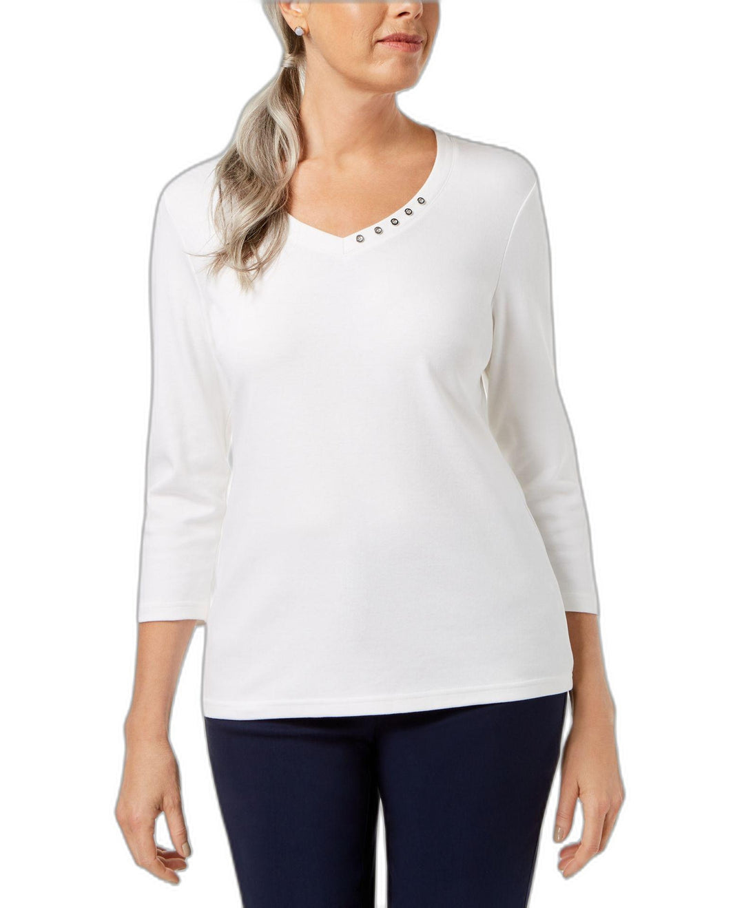 Karen Scott Cotton V Neck Button Top