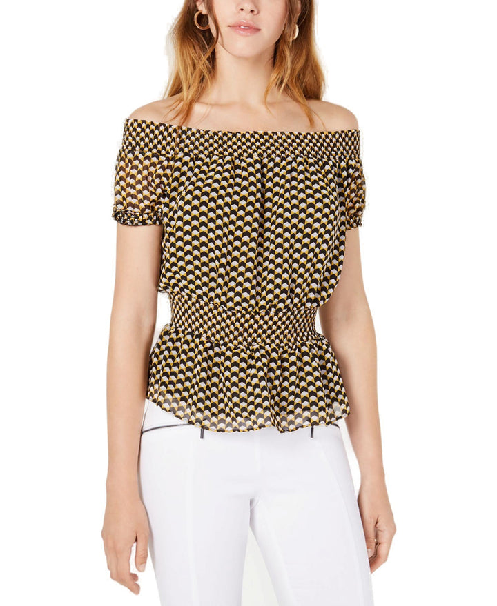 Bar III Geometric Print Smocked Top