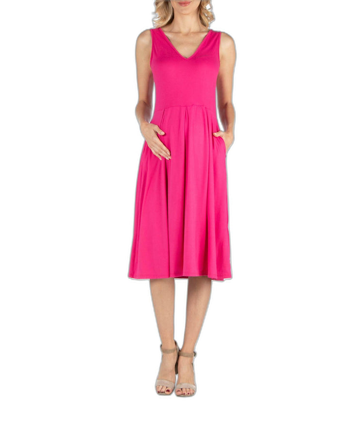 Fit and Flare Sleeveless Maternity Midi Dress with Pockets