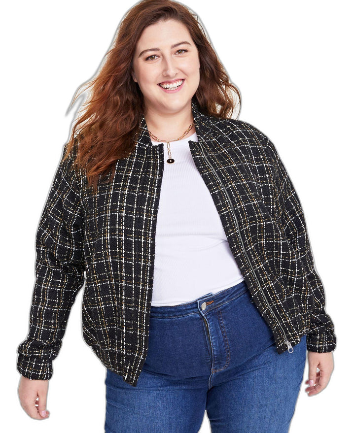 Plus Size Metallic Tweed Bomber Jacket