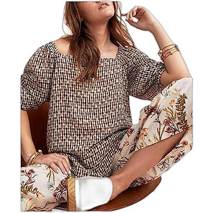 ANNE KLEIN Womens Plaid Elbow Sleeve Square Neck Top