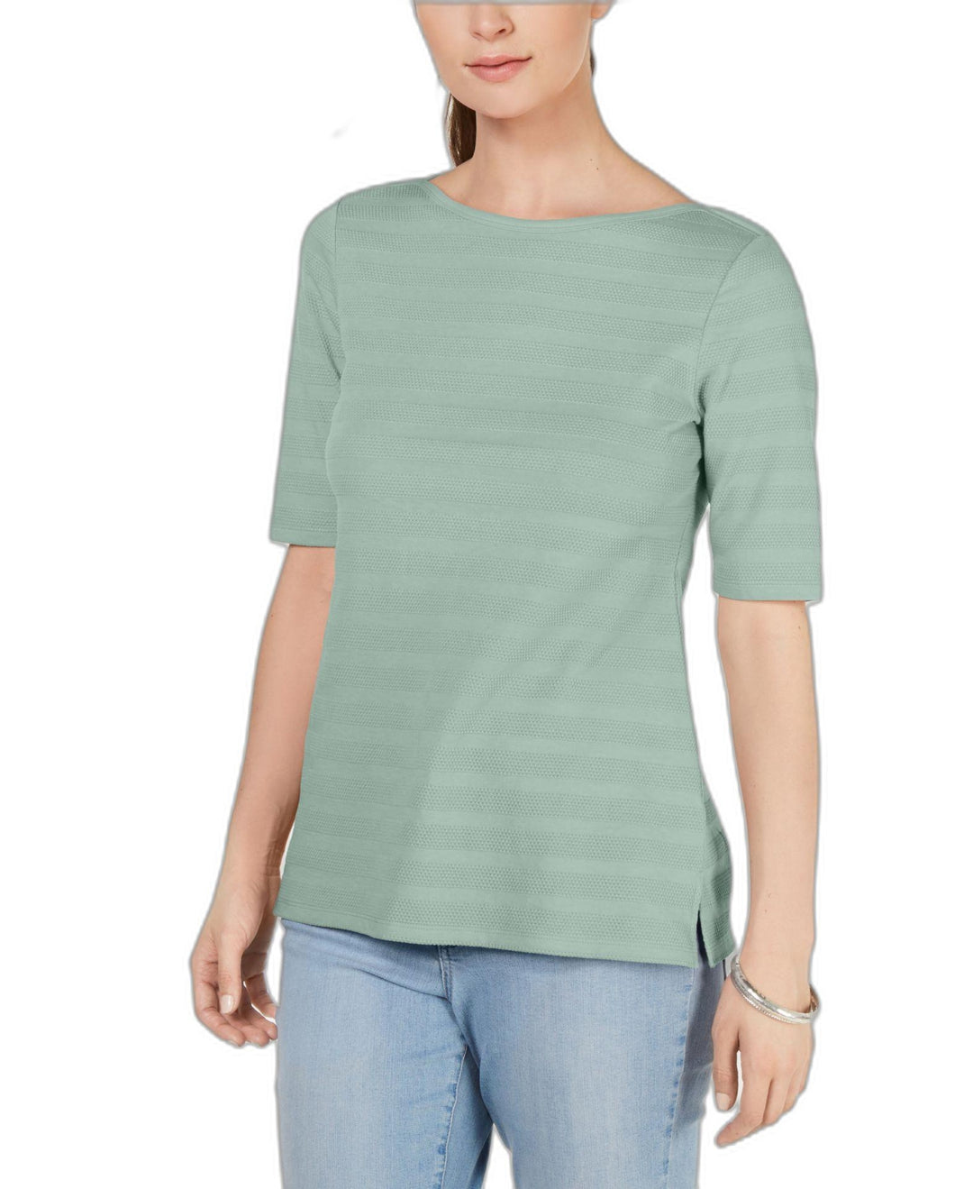 Charter Club Cotton Texture Striped Elbow Sleeve Top