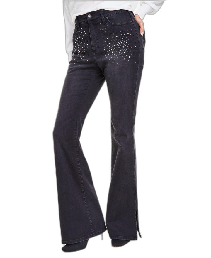 Women's Double V-Neck Sweater & High-Rise Rhinestone-Studded Flare Jeans